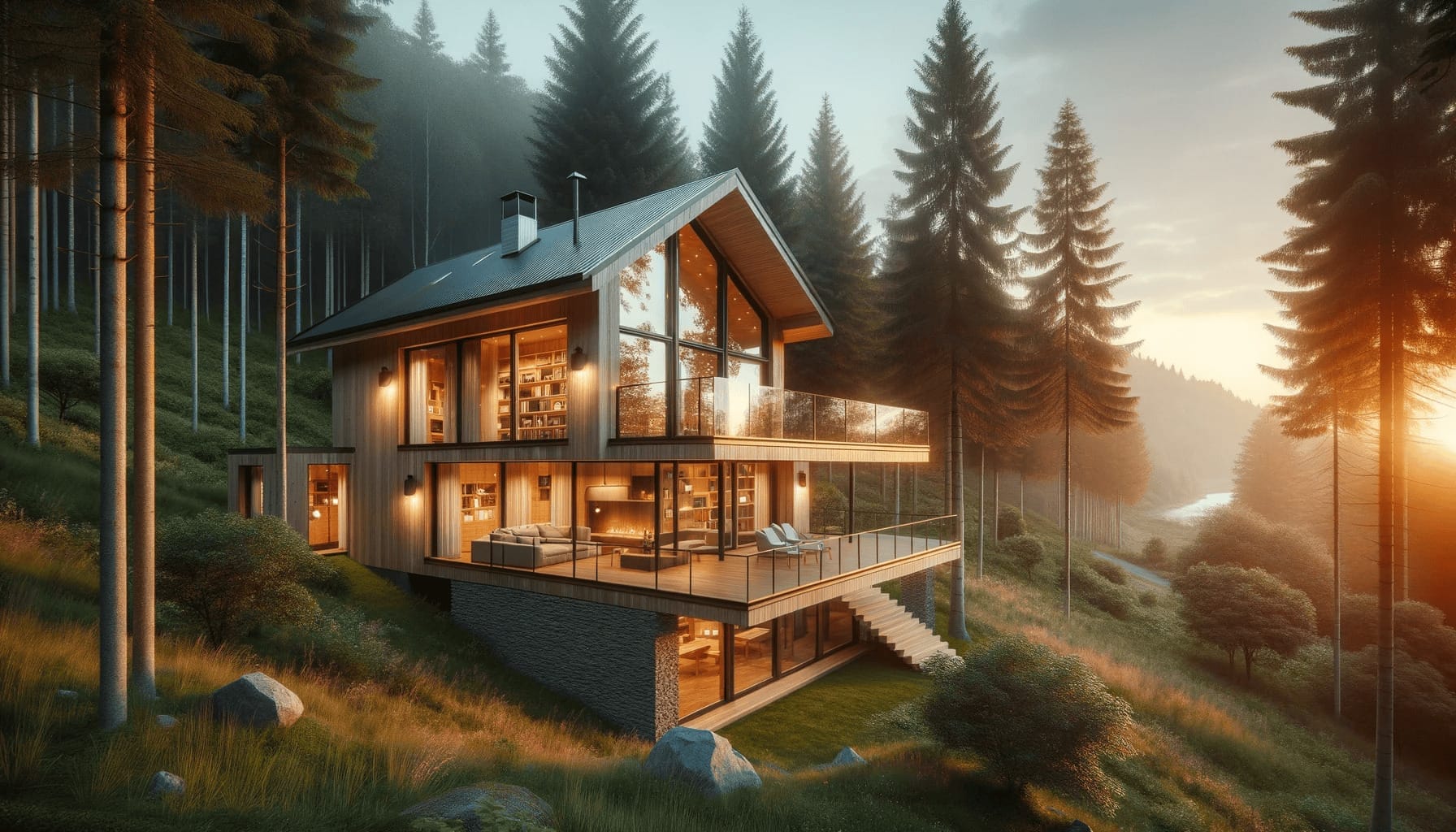 DALL·E 2023 10 19 09.11.58 Photo of a modern cabin house nestled in a picturesque forest setting during sunset. The cabins exterior showcases contemporary design elements with