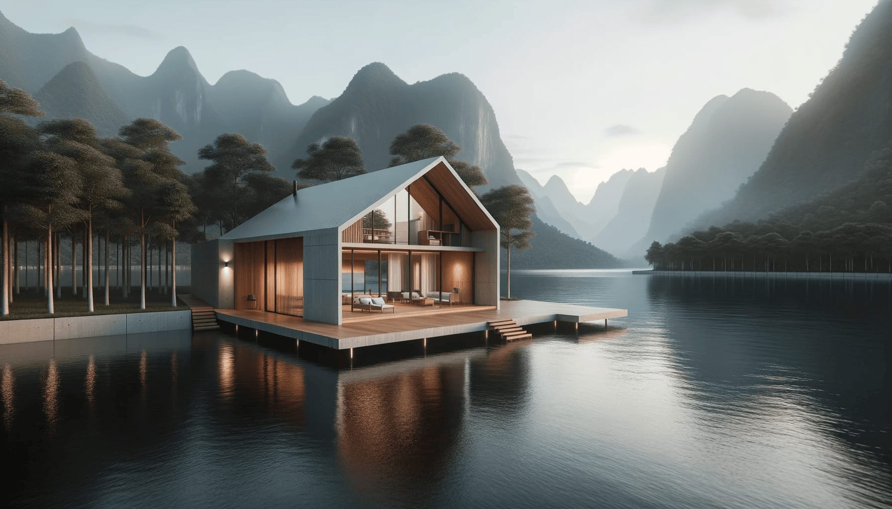DALL·E 2023 10 19 09.12.08 Photo of a sleek modern cabin house by a serene lake with mountains in the background. The cabin stands out with its minimalist architecture and woode