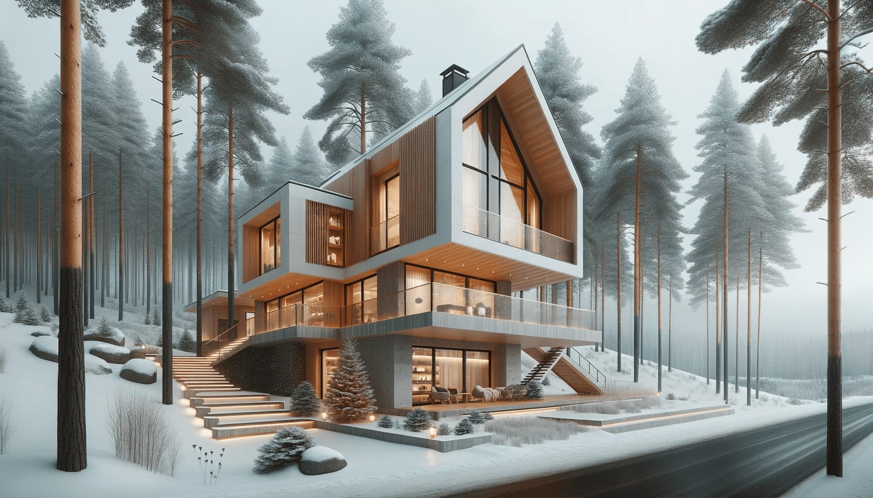 DALL·E 2023 10 19 09.12.13 Photo of a beautifully designed modern cabin house in a snowy landscape. The cabin has a unique geometric structure and is surrounded by pine trees