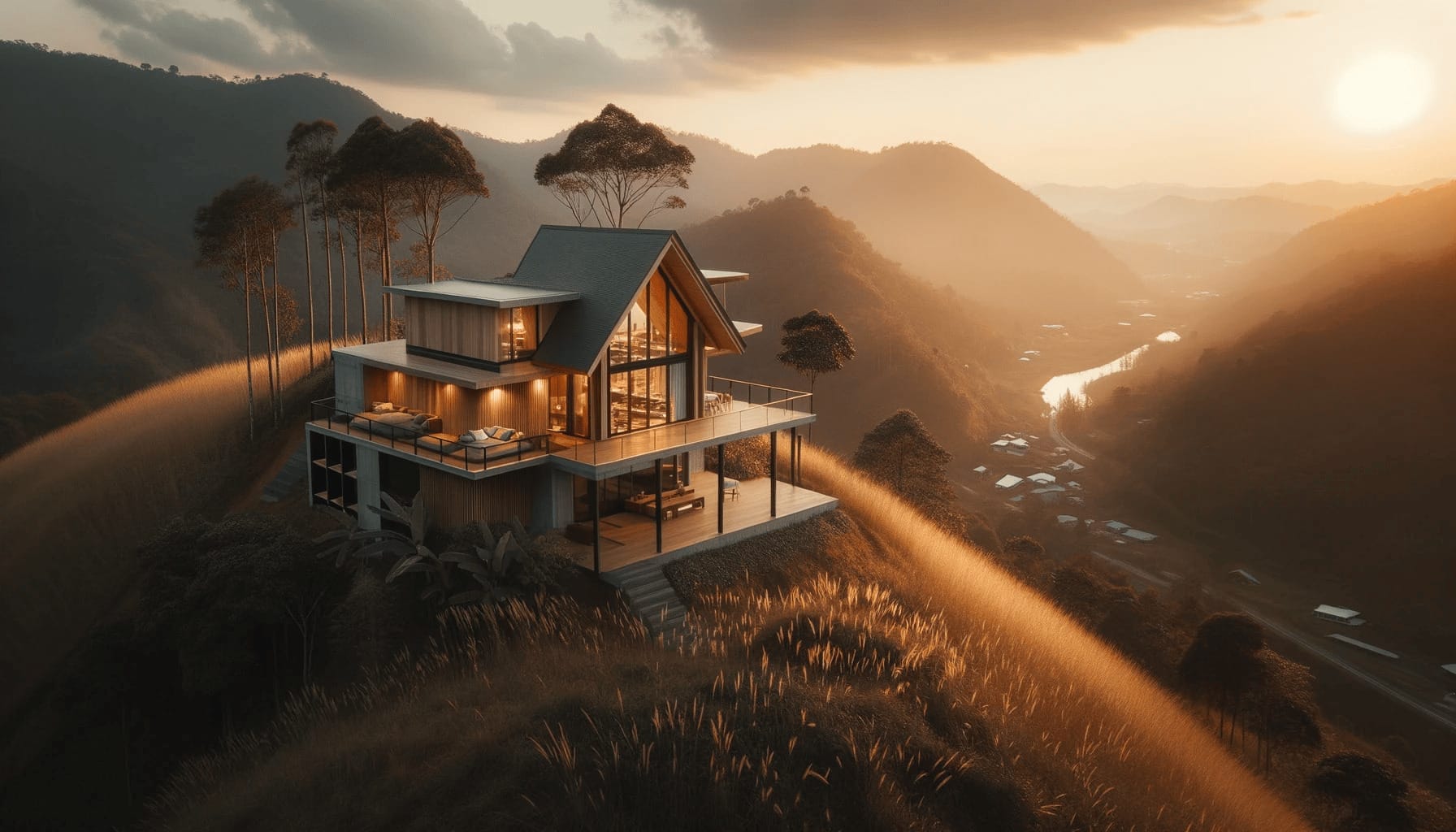 DALL·E 2023 10 19 09.12.17 Photo of a modern cabin house on a hilltop overlooking a valley. The cabin is illuminated by the golden hour light highlighting its architectural be