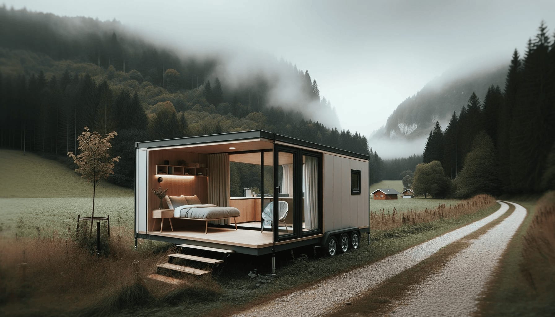 DALL·E 2023 10 19 09.12.37 Photo of a portable cabin in a remote countryside location showcasing its adaptability. The cabin looks contemporary with sleek lines and is surround