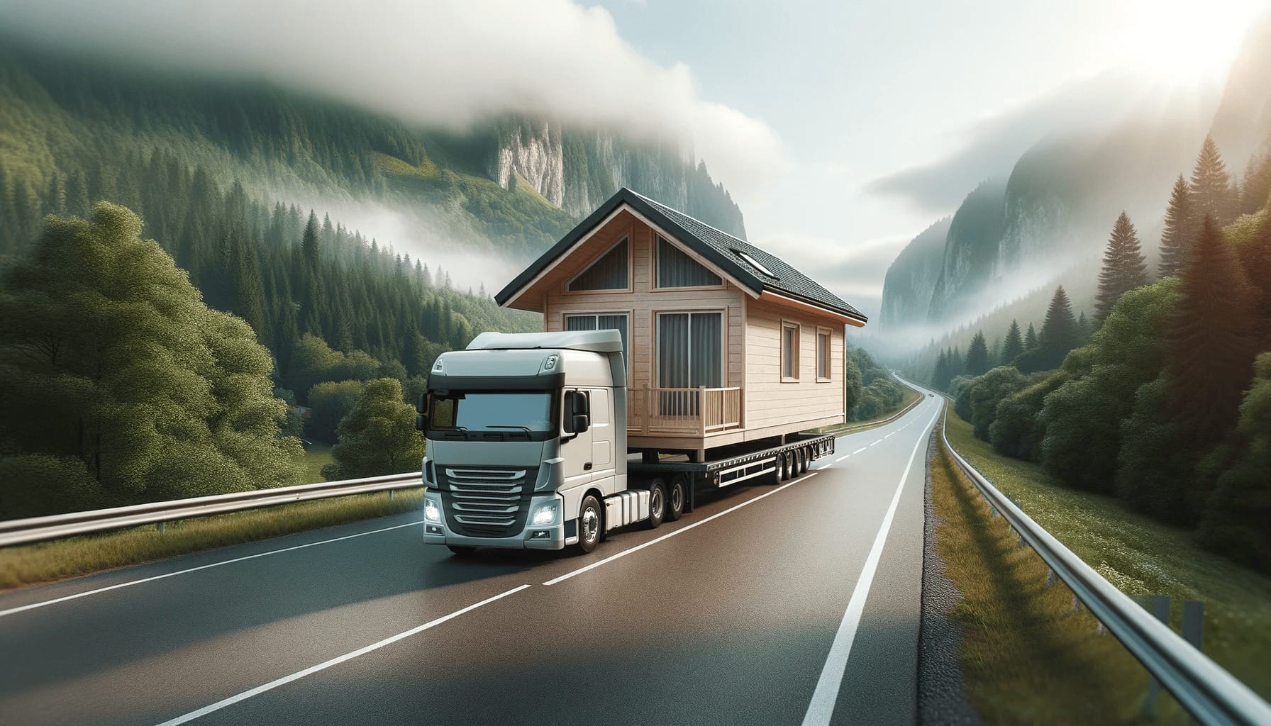DALL·E 2023 10 19 09.12.44 Photo of a portable cabin being transported on a truck through a scenic route. The cabins design is modern and the scene emphasizes its mobility and
