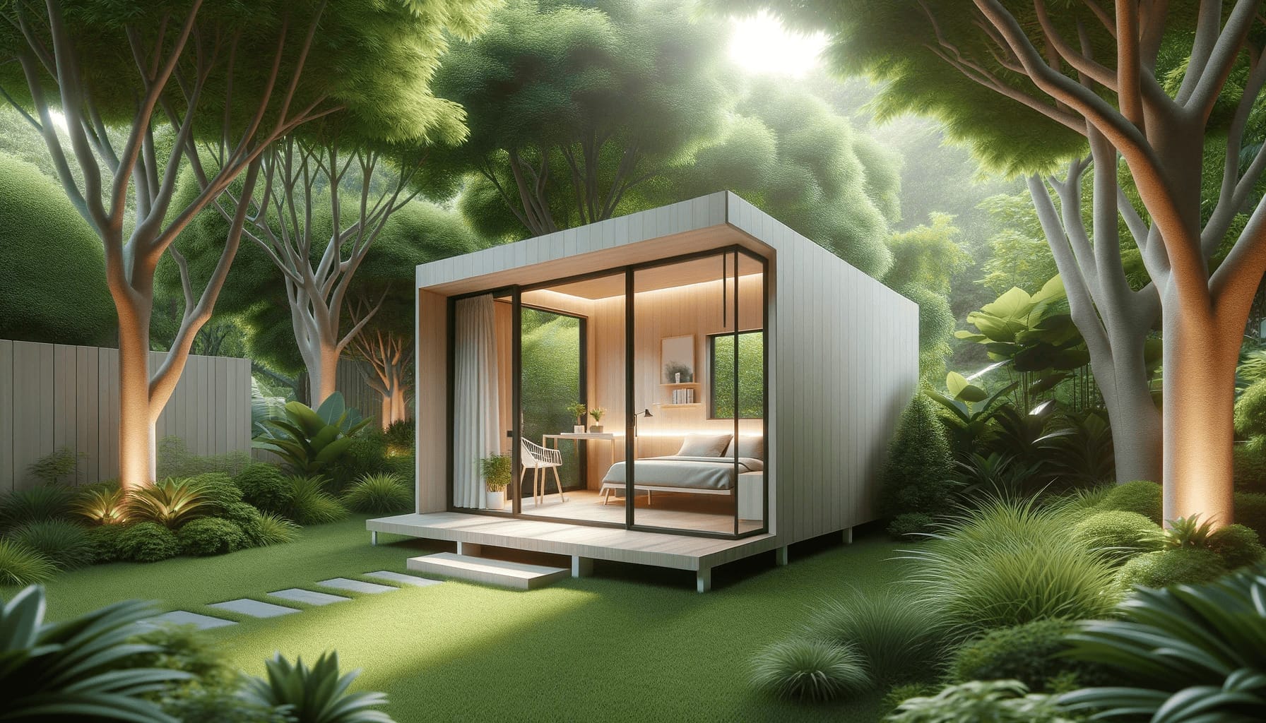 DALL·E 2023 10 19 09.13.15 Photo of a sleek light duty cabin placed in a peaceful garden setting. The cabin showcases its minimalist design with natural light streaming through