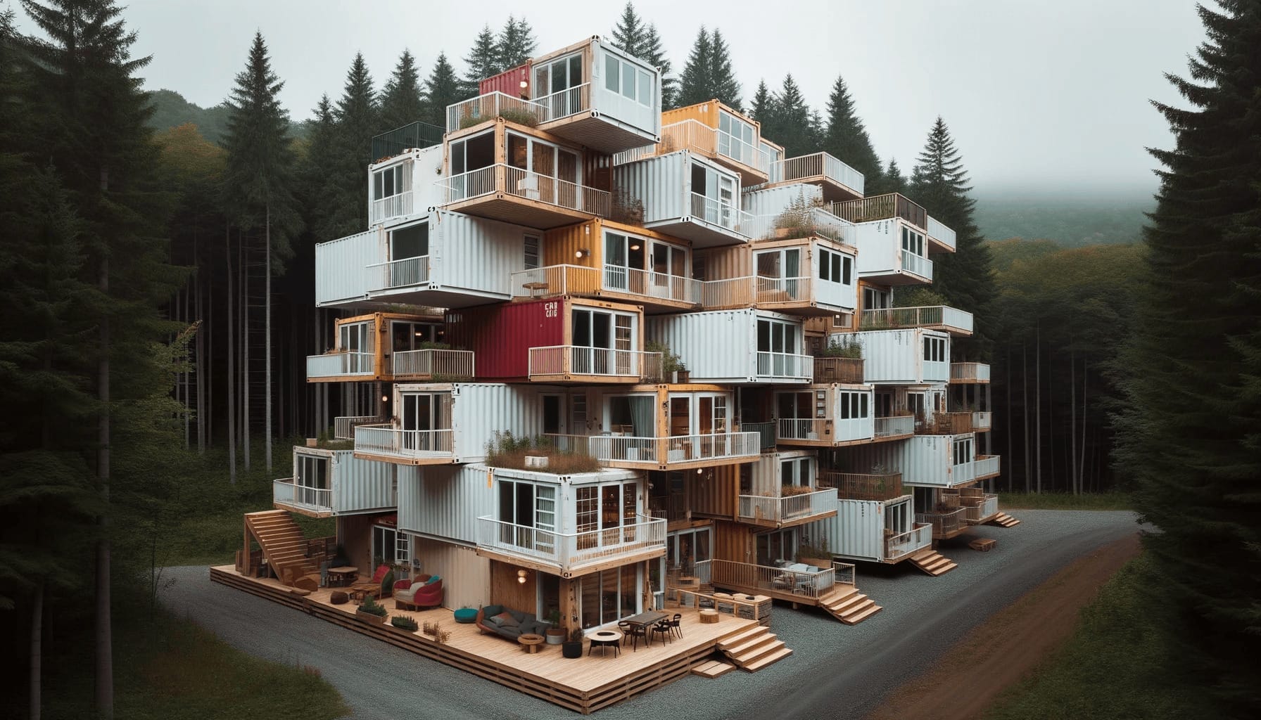 DALL·E 2023 10 19 09.15.25 Photo of a multi story container cabin complex in a forest setting. The containers are stacked creatively with balconies and terraces adding to the a